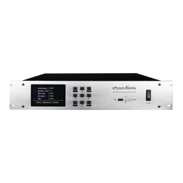 Soundvision Dcs-990m เครื่องควบคุมไมค์ประชุม ระบบดิจิตอล รองรับการบันทึกเสียง และระบบ Digital Automatic Feedback Suppression สามารถเชื่อมต่อกล้องวิดีโอคอนเฟอเรนซ์แบบ Hd และ Sd ได้สูงสุด 4 ตัว