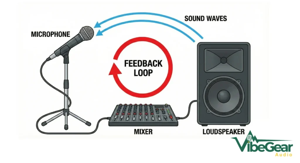 เสียงหอน (Feedback) เกิดจากอะไร? พร้อมวิธีแก้ปัญหาเบื้องต้นด้วยตัวเอง แผนภาพแสดงวงจรการเกิดเสียงหอน (Audio Feedback Loop) จากลำโพงกลับเข้าไมค์