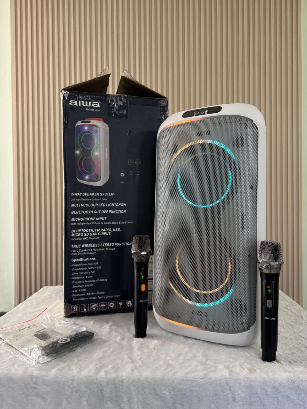 Aiwa Aw-X5150 ลำโพงบลูทูธ 80w ลำโพงปาร์ตี้ 6 นิ้วคู่ Party Speaker มาพร้อมไมค์คู่ และไฟ Led (สีขาว) Aiwa Aw-X5150 ลำโพงบลูทูธ 80w ลำโพงปาร์ตี้ 6 นิ้วคู่ Party Speaker มาพร้อมไมค์คู่ และไฟ Led (สีขาว)