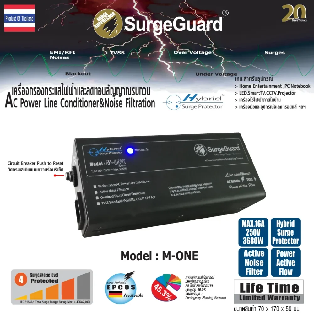 Surgeguard M-One (Hybrid) เครื่องกรองกระแสไฟฟ้าและกันไฟกระชาก Surgeguard M-One (Hybrid) เครื่องกรองกระแสไฟฟ้าและกันไฟกระชาก