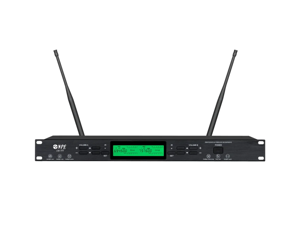Npe Uw-777 ไมโครโฟนไร้สายถือคู่ Uhf True Diversity พร้อมสแกนความถี่อัตโนมัติ Npe Uw-777 ไมโครโฟนไร้สายถือคู่ Uhf True Diversity พร้อมสแกนความถี่อัตโนมัติ