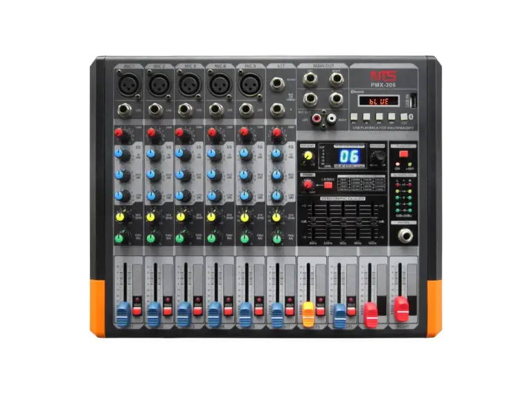 Nts Pmx-306 เพาเวอร์มิกเซอร์ 7 อินพุต พร้อมภาคขยาย 170w + 170w และเอฟเฟกต์ Usb / Bluetooth