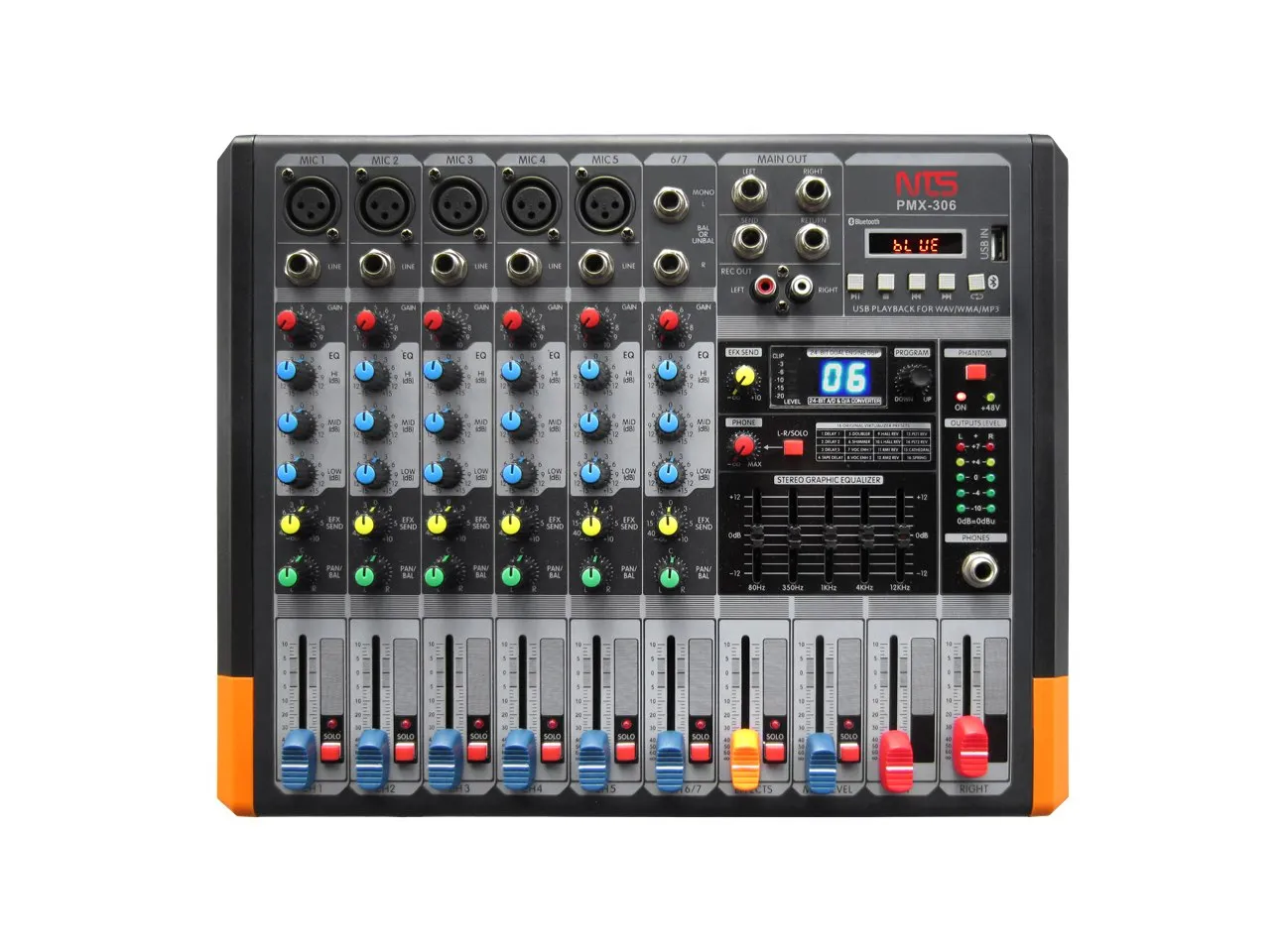 Pmx 306 3 11zon Nts Pmx-306 เพาเวอร์มิกเซอร์ 7 อินพุต พร้อมภาคขยาย 170w + 170w และเอฟเฟกต์ Usb / Bluetooth