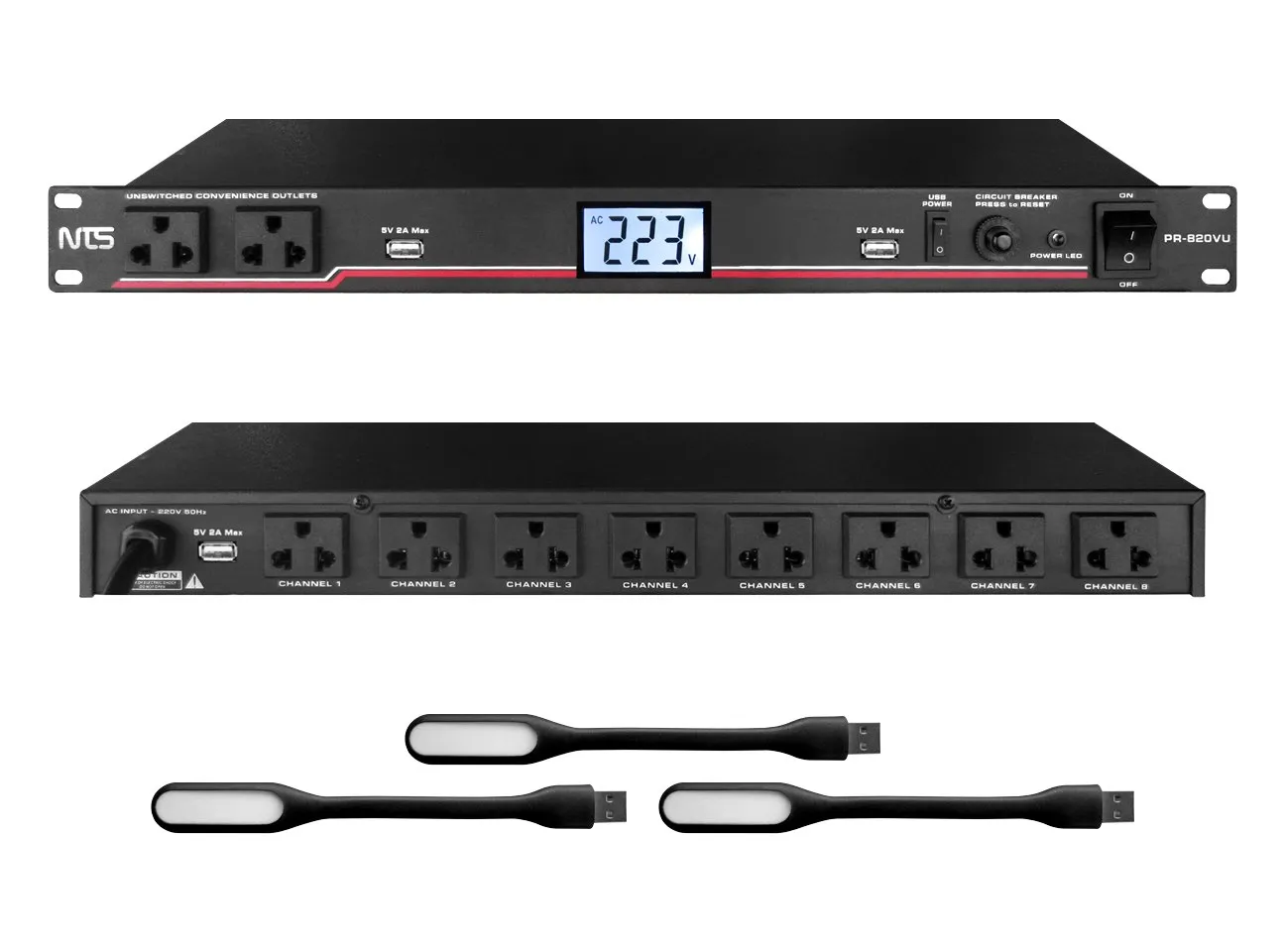 Pr 820vu 6 11zon Nts Pr-820vu เครื่องจ่ายไฟแร็ค (Power Sequencer) พร้อมโวลต์มิเตอร์, Usb และไฟ Led 10 ช่อง ขนาด 1u