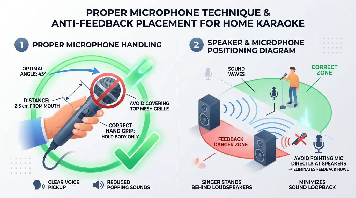 Proper Mic Technique Anti Feedback Placement เลือกซื้อชุดคาราโอเกะในบ้าน 2026: งบเท่าไหร่ดี?