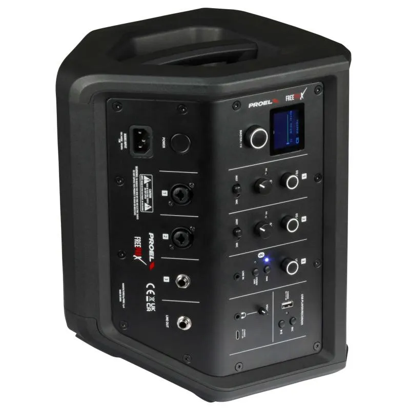 Freeprox Rear 34dx 1683 800x800h 7 11zon Proel Freeprox ลำโพง Pa แบบใช้แบตเตอรี่ 6.5 นิ้ว พร้อม Digital Mixer, Bluetooth 5.4 และ App Control กำลังขับสูงสุด 400w