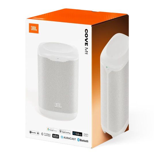 Jbl Cove M1 Box Image White Sku Jbl Cove M1 ลำโพง Wi-Fi แบบตั้งโต๊ะสำหรับบ้าน รองรับ Bluetooth 5.3 เสียง 3.0 Channel กำลังขับ 110w และระบบ Multi-Room