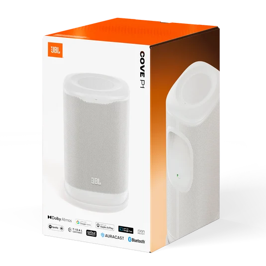 Jbl Cove P1 Box Image White Sku Jbl Cove P1 ลำโพง Wi-Fi แบบพกพาสำหรับบ้าน พร้อม Dolby Atmos Music กำลังขับ 120w Bluetooth 5.3 แบตเตอรี่ 14 ชั่วโมง และกันน้ำกันฝุ่น Ip56