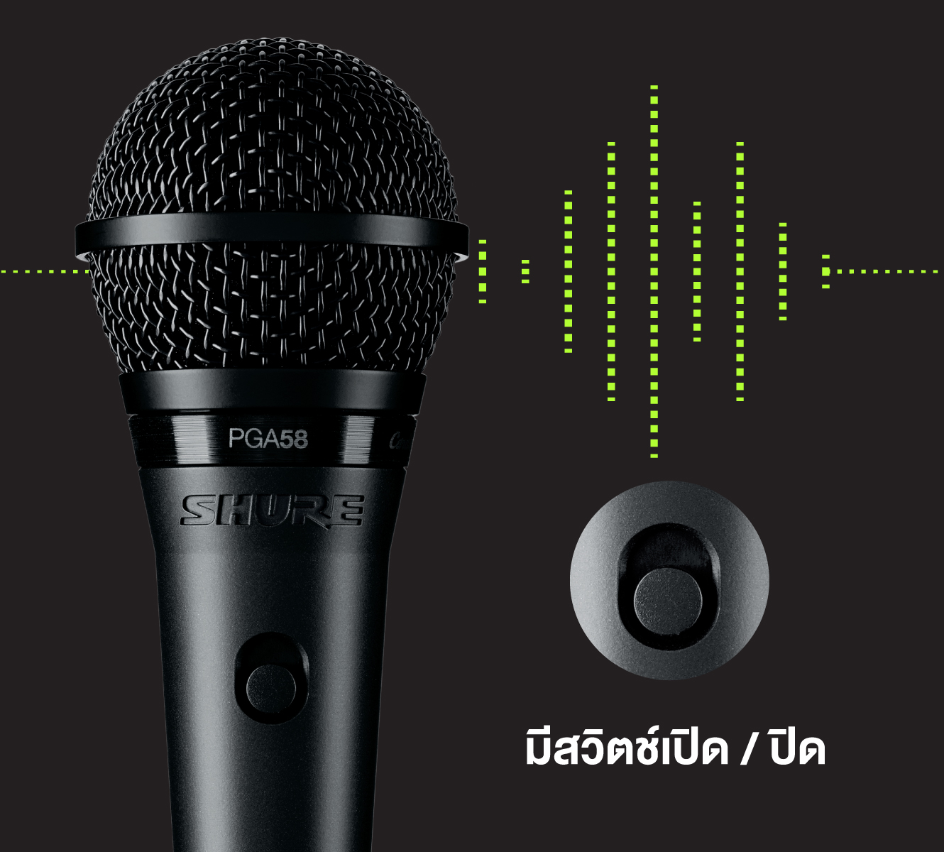 Shure Pga58-Lc ไมโครโฟนไดนามิกสำหรับร้องเพลงและพูด รูปแบบการรับเสียง Cardioid พร้อมสวิตช์เปิด-ปิด