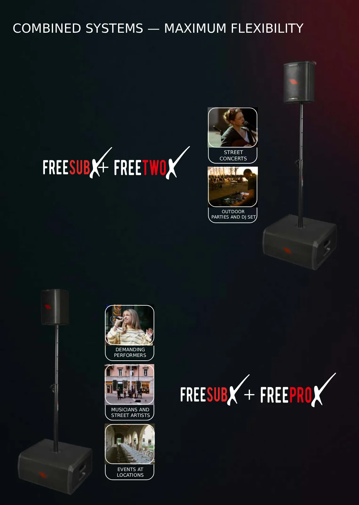 Proel Free Series พร้อมเบ้าเกลียว M20 Pole Mount สำหรับติดตั้งเสาลำโพงท็อปเป็นชุด PA 2.1 ไร้สายเต็มรูปแบบ