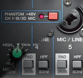 Switchable Phantom Power & Pad Switch ปุ่ม HPF (Low Cut 80Hz) และสวิตช์ PAD 26dB คือเครื่องมือสำคัญในการป้องกันสัญญาณพีคแตกพร่า