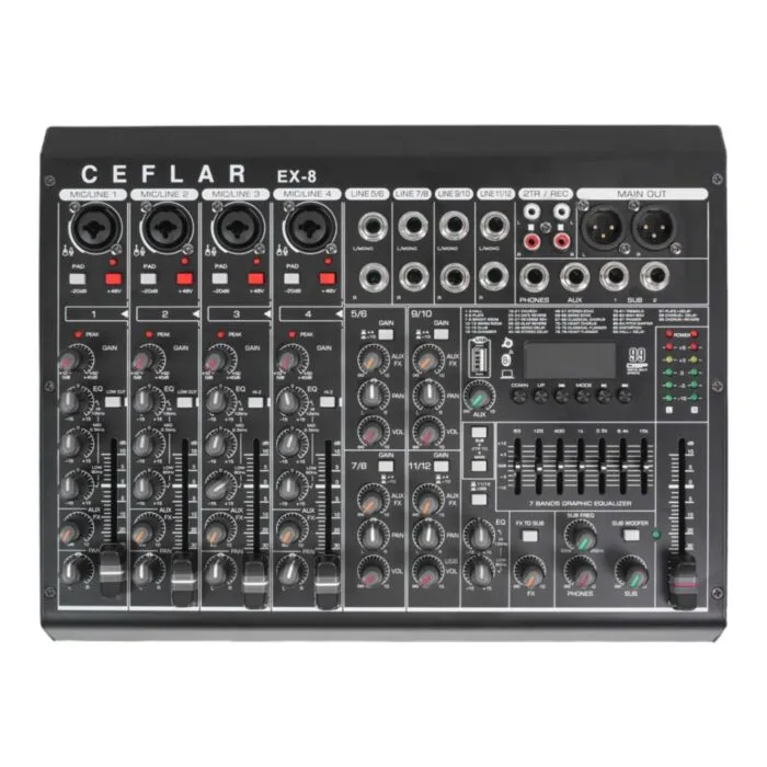 Ceflar Ex-8 มิกเซอร์อนาล็อก 12 แชนแนล พร้อม Otg, Usb, Bluetooth และเอฟเฟกต์ 99 Dsp